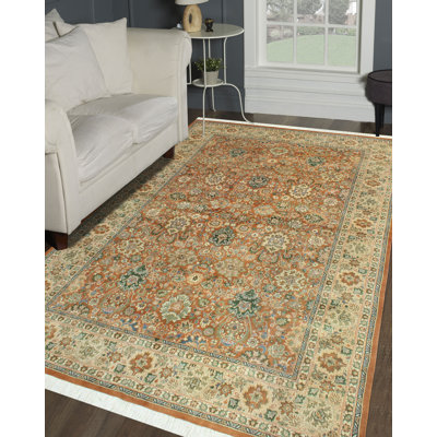 Tapis rouille beige fait à la main de couleur végétale Andriel, 6 pi 1 po x 9 pi 1 po