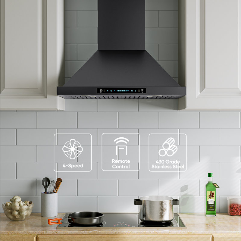 600 CFM Convertible Wall Mount Range Hood In Stainless Steel With Adjustable LED, Gesture Control, 36", Black