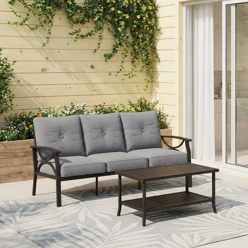 Metal 3‑Person Outdoor Patio Set with Heavy‑Duty Iron Frame,Patio Furniture Sets with Advanced Anti‑Rust Coating for All Weather,Outdoor Conversation Set with Weather‑Resistant Washable Cushion Covers for Backyard,Deck,Garden