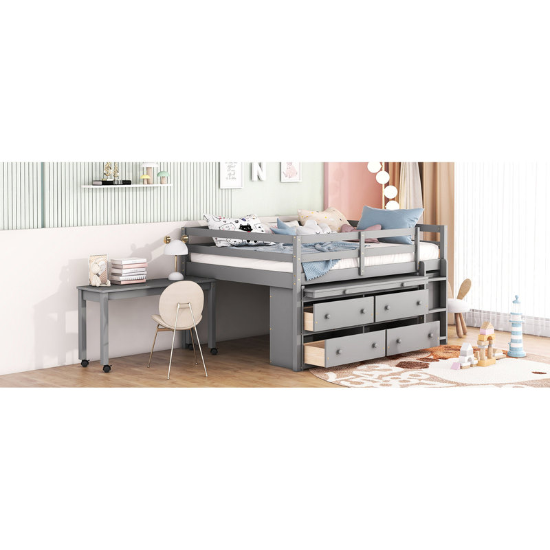 Lit mezzanine en bois massif avec bureau gris, Gris, Lit double