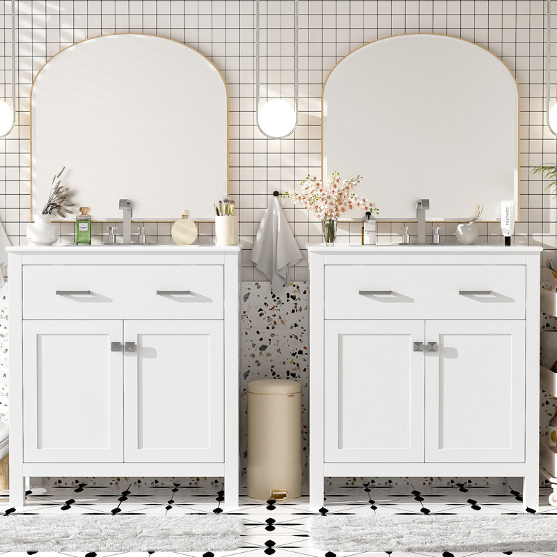 Modern Bathroom Solution, 60" Vanity With Spacious Shelf & Ceramic Sink Vanity, Double Vanities Boards, White