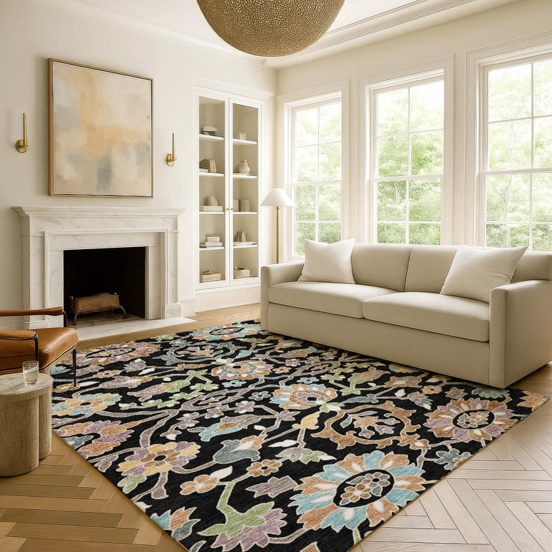 Machine Washable Indoor/Outdoor Chantille ACN2587 Floral Rug, 10' x 14', Black