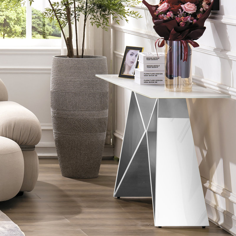 Console en verre trempé blanc de 55 pouces avec base en forme de M en miroir argenté