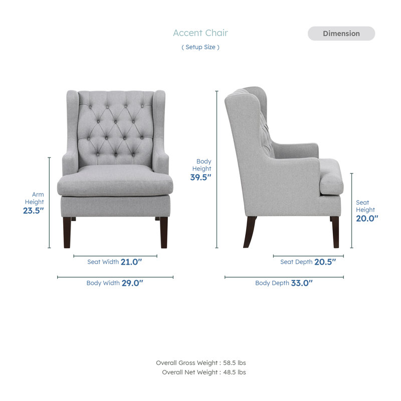Keisha 29" Traditional Wingback Accent Chair with Textured Fabric Upholstery, Button-Tufted Back & Foam Cushioned Seat, Gray