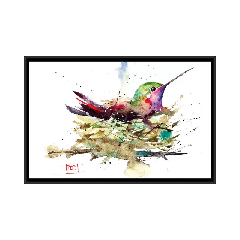 «Hummer In Nest» par Dean Crouser, impression sur toile tendue, H 18 po x l 26 po x P 1,5 po, Toile avec cadre flottant noir
