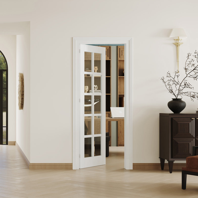 Dalle de porte intérieure pré-suspendue en verre transparent 10-Lite - Panneau de fibres à densité moyenne blanc avec montant réglable et ensemble de quincaillerie 