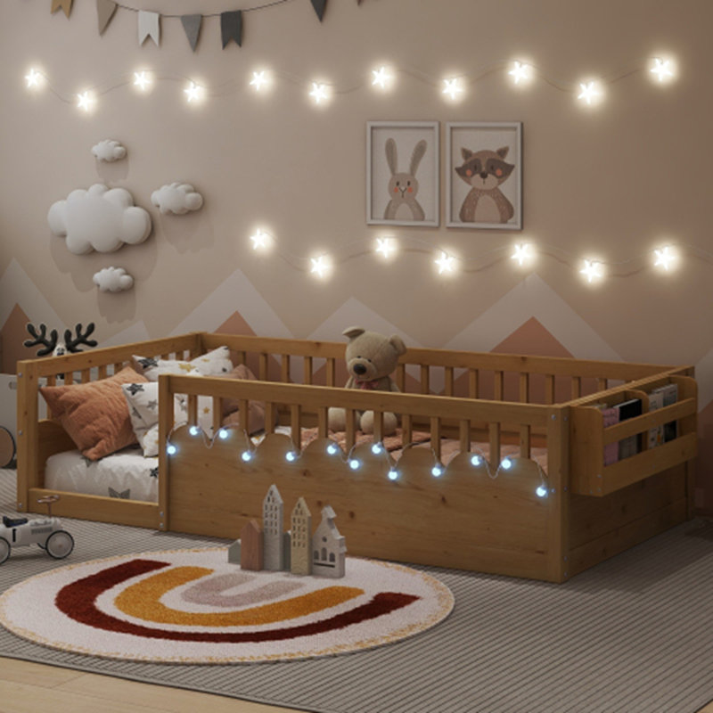 Structure de lit simple avec rails surélevés Montessori, Naturel, Lit simple