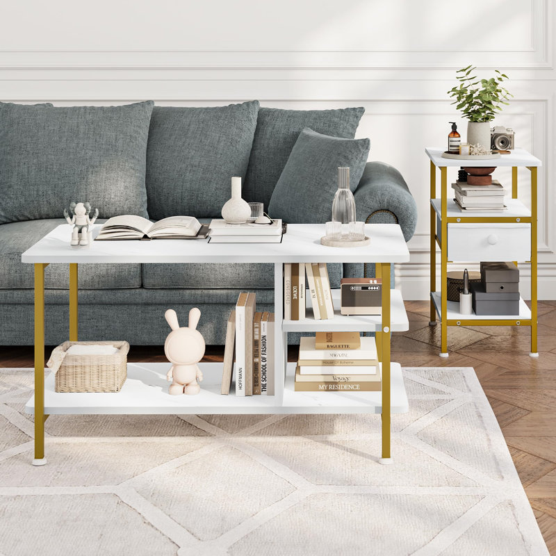 Alexcya Coffee Table with Storage, White, Gold
