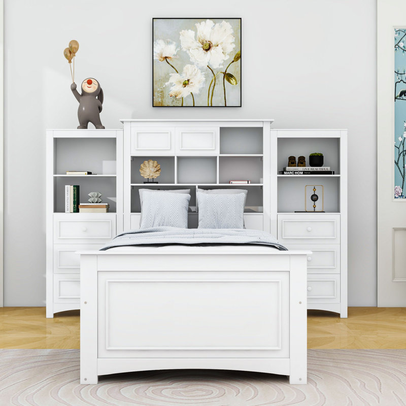 Lit plateforme simple en bois 14 tiroirs avec armoire tout-en-un, Blanc