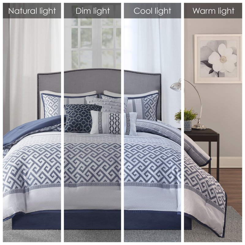 Bennett 7 Piece Jacquard Comforter Set, Cal. King Comforter + 1 Bed Skirt + 2 Shams + 3 De, Navy