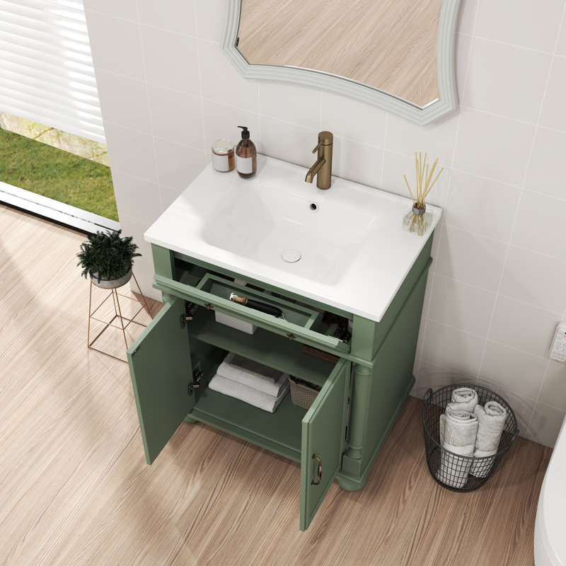 28‘’ Mid-Century Green Bathroom Vanity Cabinet With Sink Top, Metal Handles & Solid Wood Frame, Green