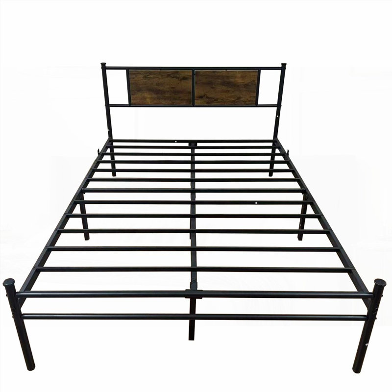 Structure de lit pleine grandeur en métal avec tête de lit à panneau en bois, aucun sommier requis, robuste Stable