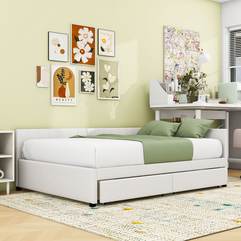 Full Size Upholstered Daybed with Built-in Storage and Durable Frame, Beige