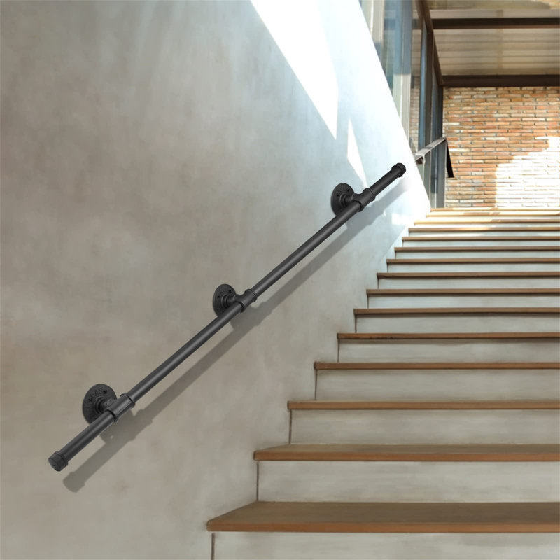 2M Wall Mounted Handrail Safety Hand Rail Non-Slip Steel Pipehandrail Indoor Outdoor Industrial Pipe Towel Rail Wrought Iron Wall Balustrade Handrail Banister Stair Railing
