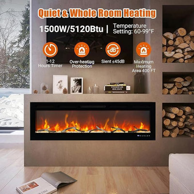 72-Inch Linear Electric Fireplace, Wall-Mount or Recessed, Adjustable Heat & Flame Effects, Remote Control, Modern Home Heater