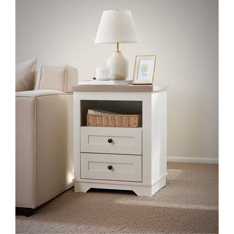 Table de bout à 2 tiroirs en blanc antique, aspect bois rustique pour la chambre à coucher et le salon