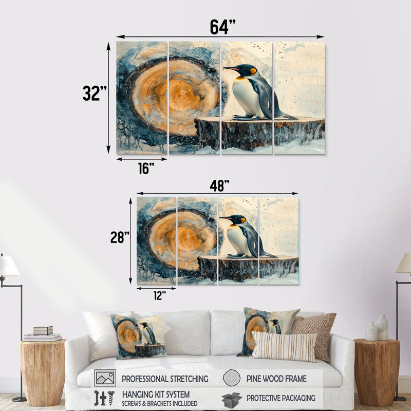 Pingouin dans un paysage d'hiver - art mural moderne sur toile, H 32 po x l 64 po