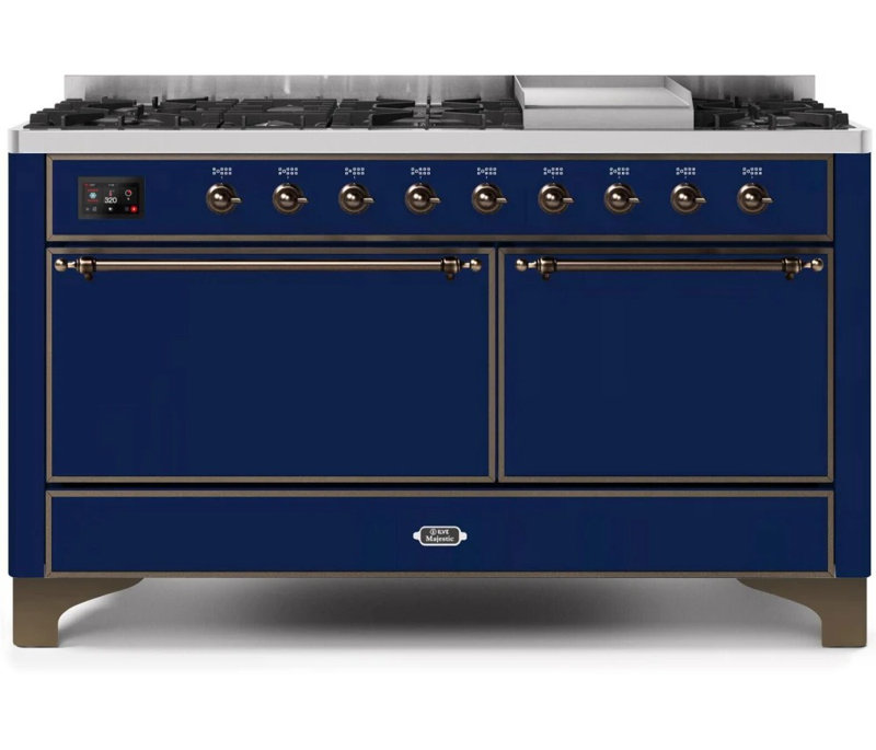 ILVE UM15FDQNS3BKCLP Majestic II 60 inch Dual Fuel Range with 9 Burners, Griddle (Liquid Propane, Solid Door, Glossy Black, Chrome)