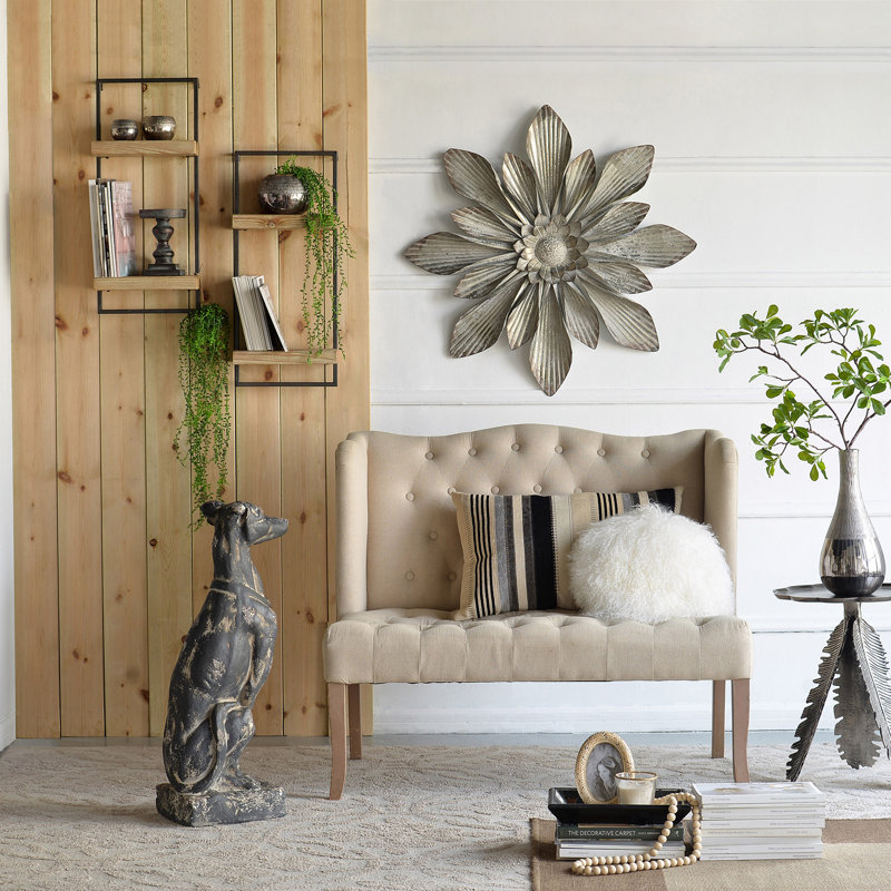 12x6x27" Iron and Wood Wall Shelf With Two Shelves