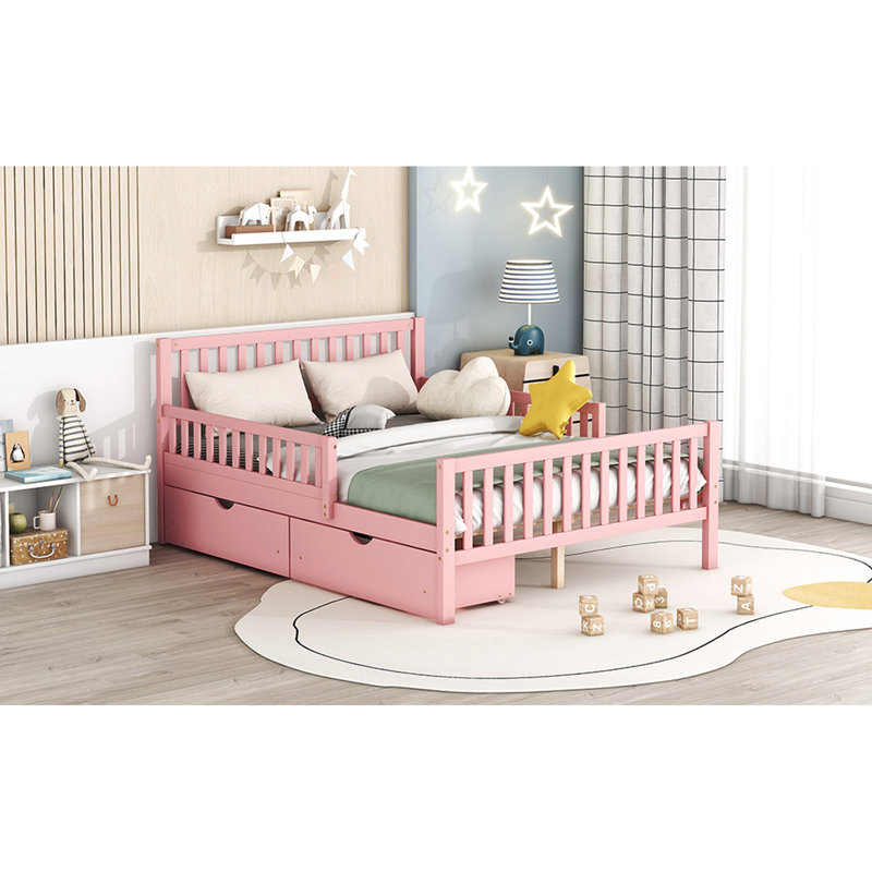 Lit plateforme en bois rose avec garde-corps et rangement pratique, Lit double, Rose
