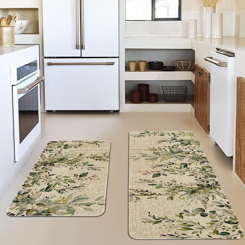 Eucalyptus Kitchen Rugs - Sage Green - Set Of 2 Non-Slip Washable Floor Mats, Botanical Leaves Spring Home Decor