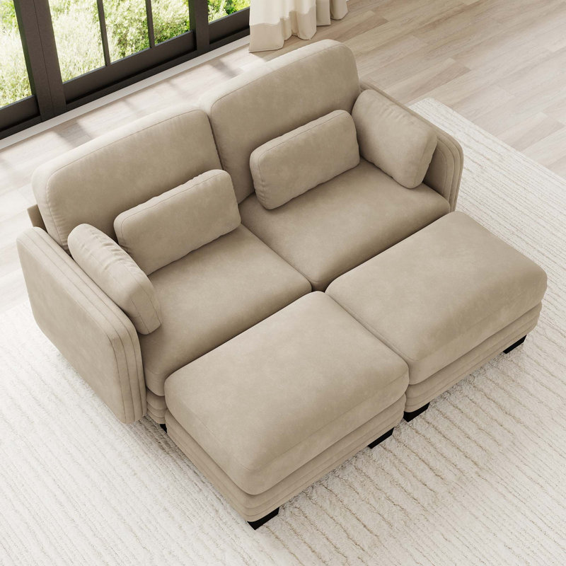 Canapé d'angle modulaire capitonné avec poufs amovibles, Camel Chenille