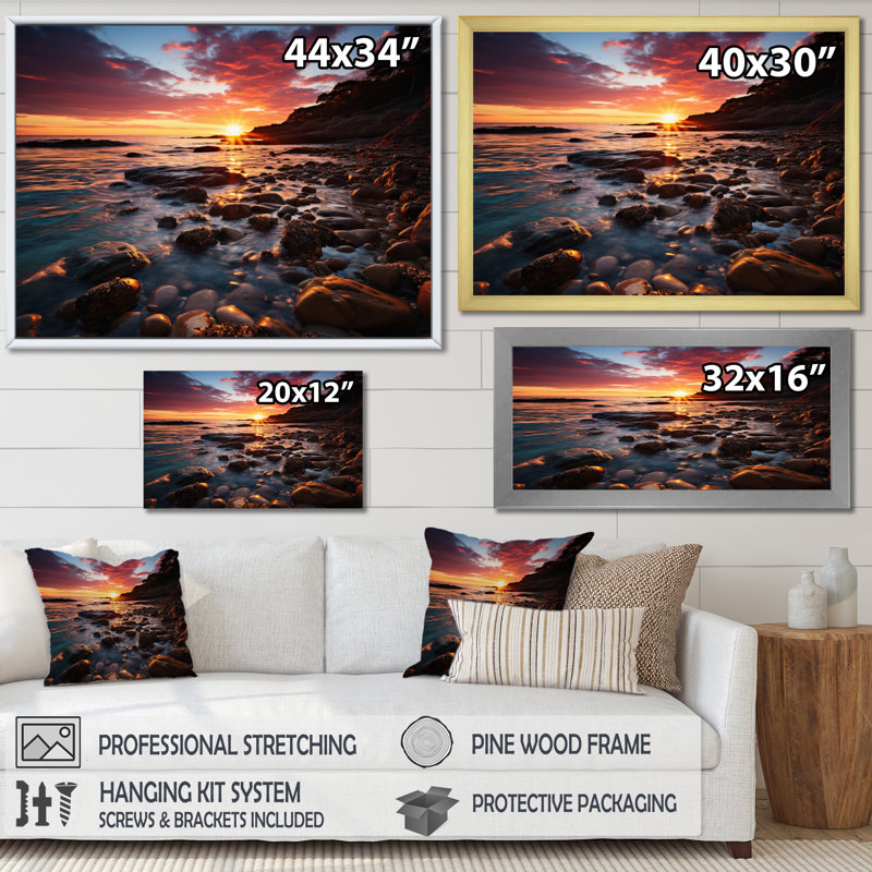 "Rocky Beach Coastal Birds", reproduction d'art sur toile, H 34 po x l 44 po x P 1,5 po, Cadre flottant brun