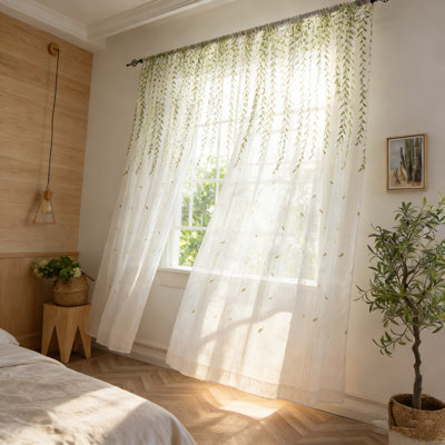 Rideaux voilage vert à motif de feuilles de saule vert - 4 panneaux 39 x 98 pouces, rideaux semi-transparents avec passe-tringle pour la chambre à coucher, le salon, le café et la maison