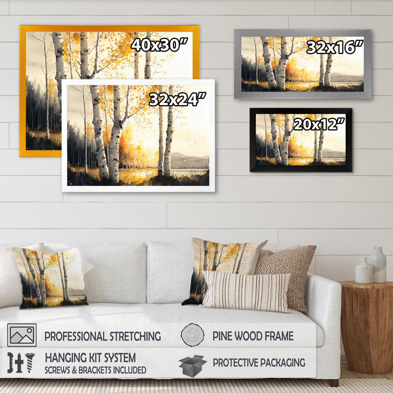 Bouleaux pendant l'heure dorée au bord du lac III - art mural forêt, H 16 po x l 32 po x P 1 po, Cadre photo noir