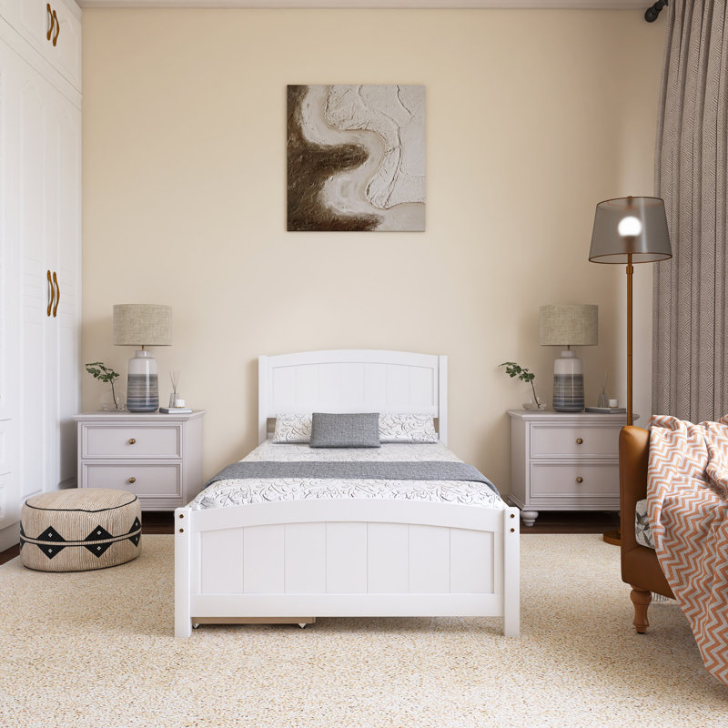 Lit plateforme simple en bois avec 2 tiroirs, Blanc