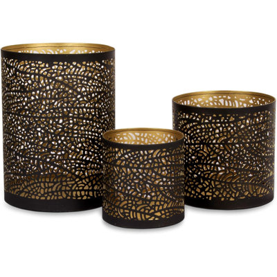 Set Of 3 Black Metal Candle Holders For Use With Pillar, Votive And Tealight Candles Elegant Lantern Style Centerpiece