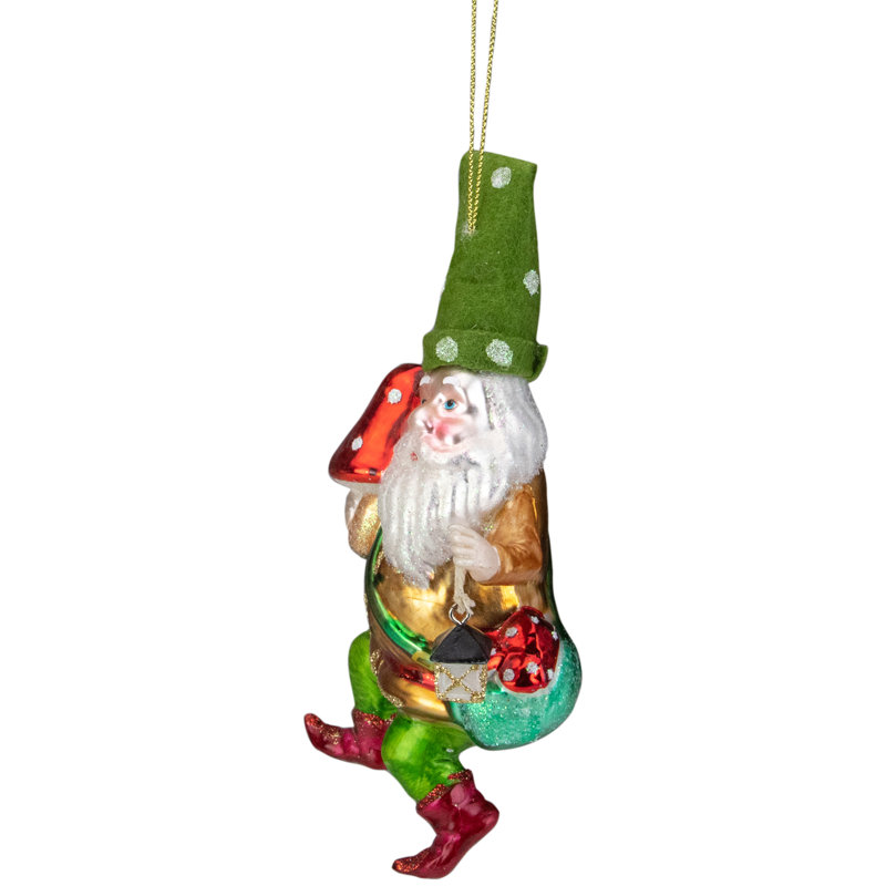 Ornement de Noël gnome vert et or 6 "avec lanterne et verre de champignon