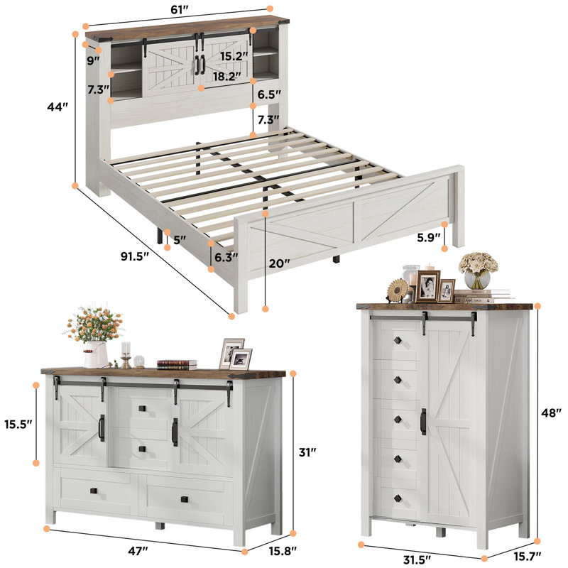 3 Pieces Farmhouse Bedroom Set, Queen Size Bookcase Bed Frame, 5 Drawer Dresser, 4 Drawers Dresser,White, Queen, White/Cream