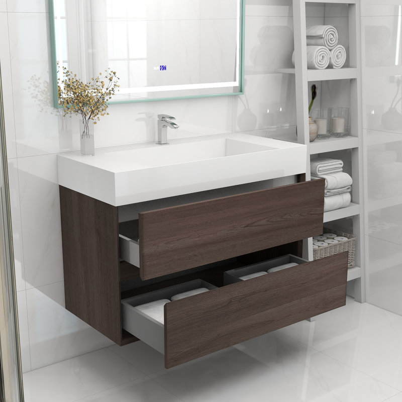 Meuble-lavabo mural 42 po avec lavabo en acrylique renforcé, Chêne rouge