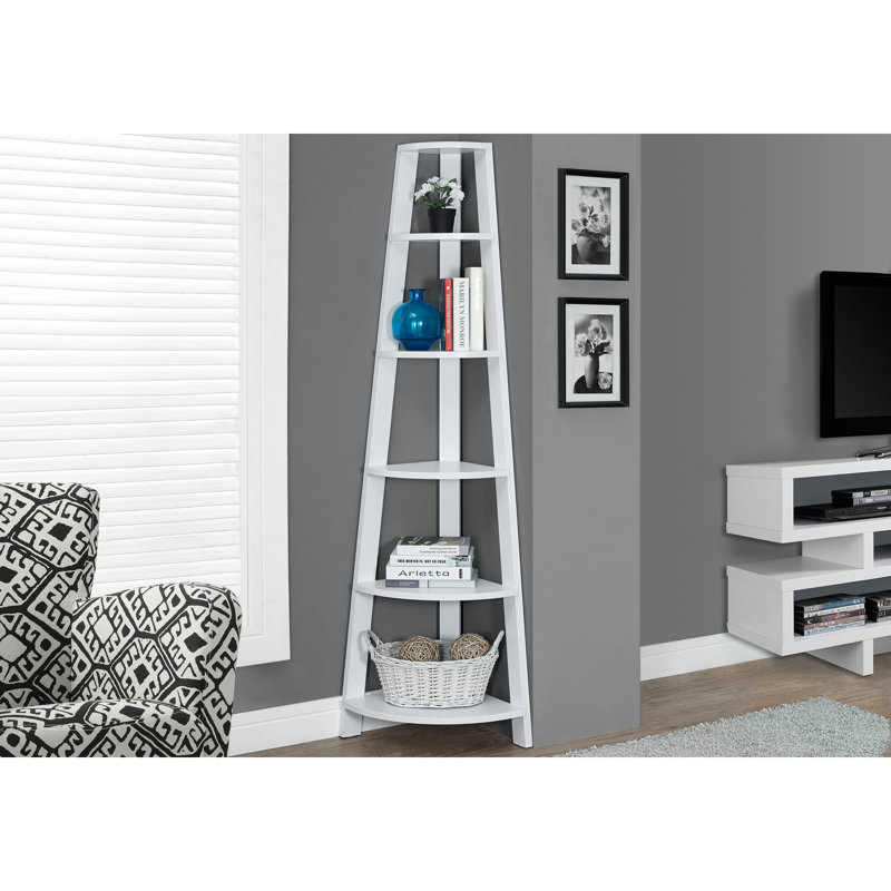 Étagère d'angle à 5 niveaux, 72 pouces de hauteur, stratifié blanc moderne pour le bureau et la chambre à coucher, solution de rangement peu encombrante