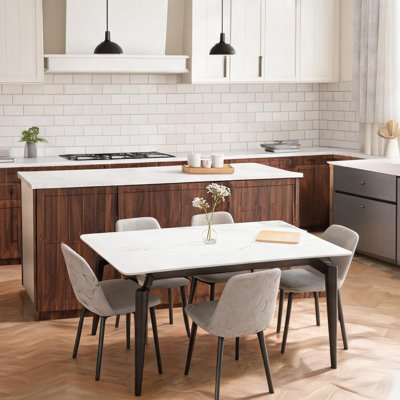6-Person Clean White Sintered Stone Dining Table with Black Iron Legs, 55 Inch Modern Rectangle