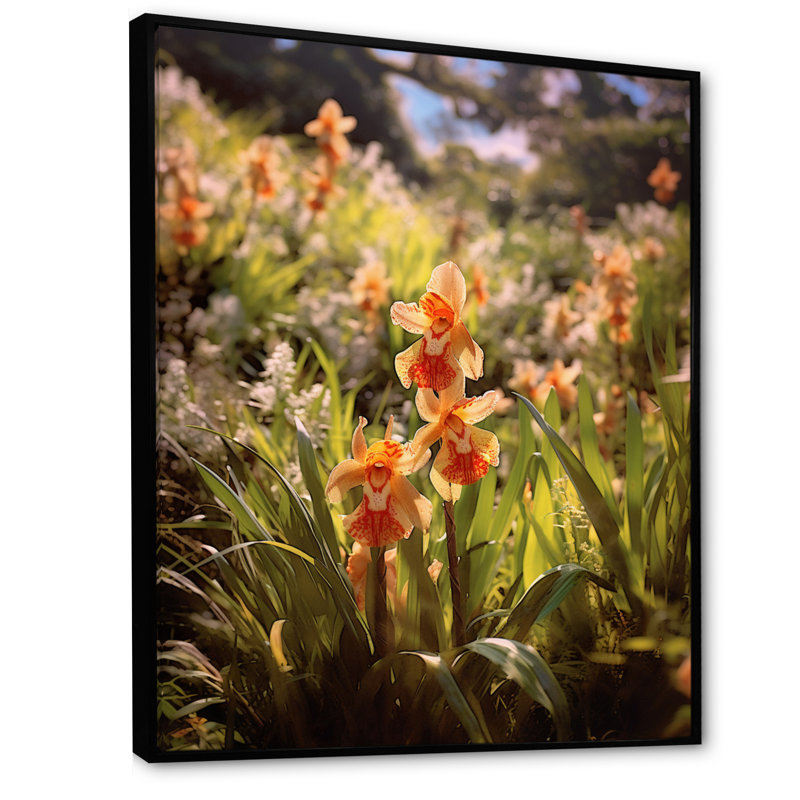 Orange, orchidées exotiques, vert, élégance, Cadre flottant noir, H 20 po x l 12 po x P 1 po