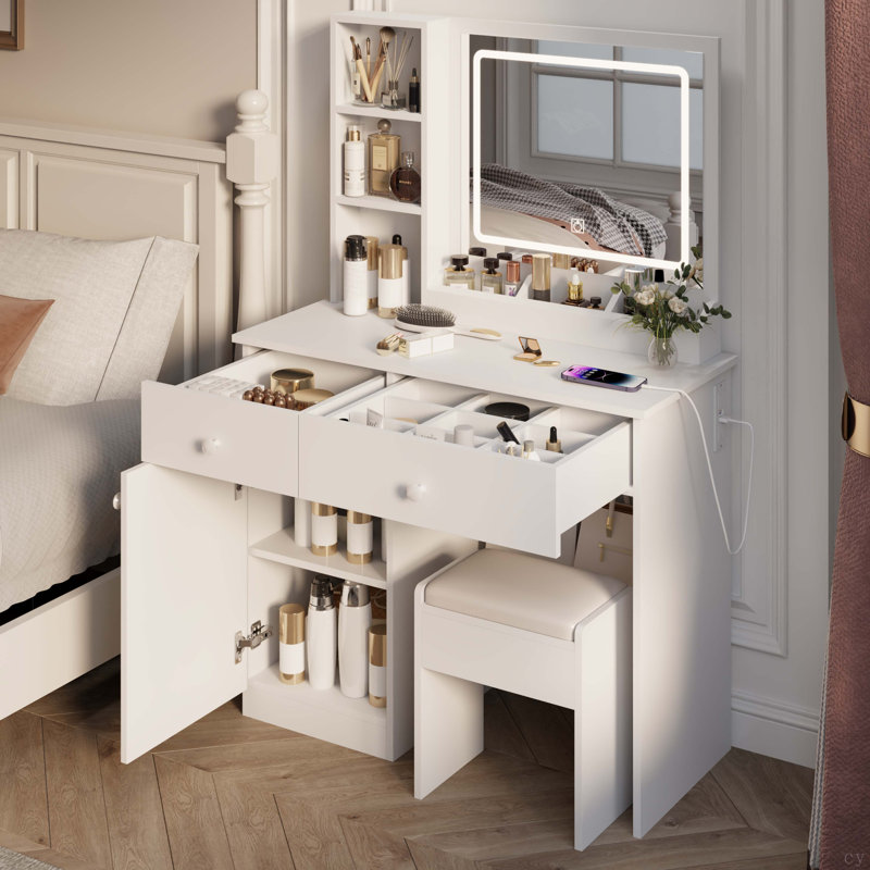 Bureau de coiffeuse Fashion avec miroir et lumières pour le maquillage, miroir de coiffeuse avec lumières et ensemble de table avec 3 lumières de couleur réglables, 2 grands tiroirs, couleur blanche