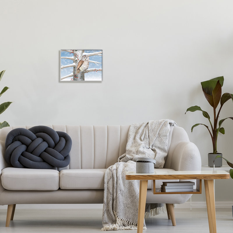 «Snowy Birch Tree Owl» encadré sur bois par Caro Windmuller, impression, H 11 po x l 14 po, Estampe numérique Farmhouse