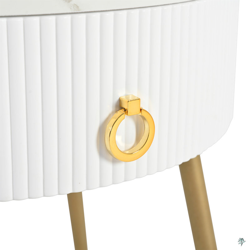 Easy Assembly End Tables With High Gloss Tabletops, Set Of 2, Modern Fluted 2 Side Tables With Drawers, Round Coffee Tables With Golden Legs