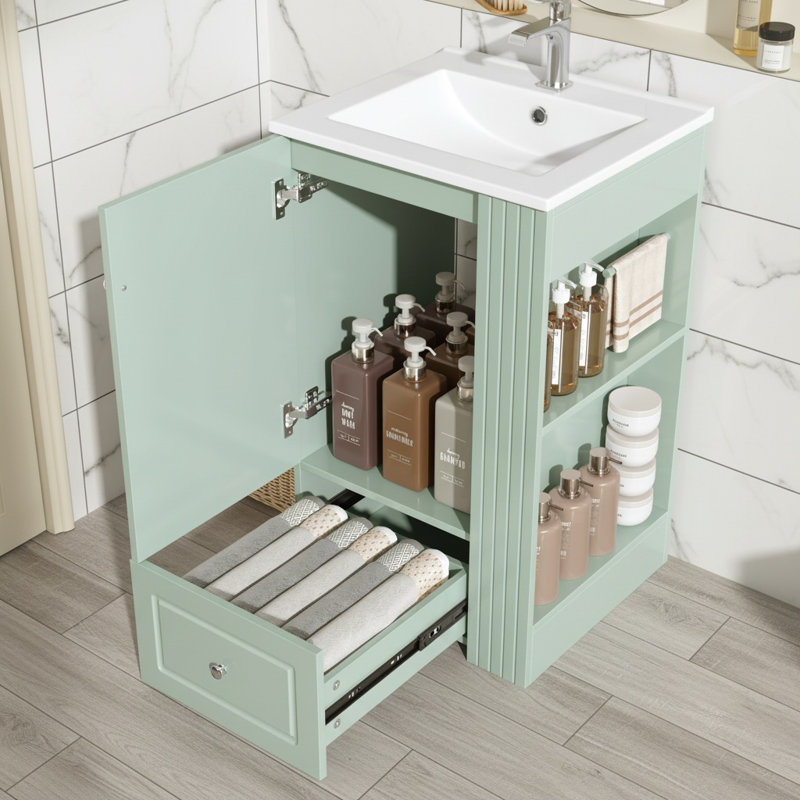 Meuble-lavabo autoportant moderne de 20 pouces avec lavabo en céramique, tiroir à fermeture en douceur et tablettes ouvertes, barre à serviettes en bois de pin