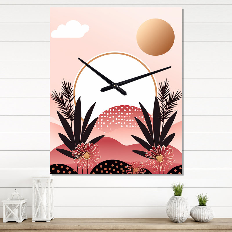 Boho Dreams, paysage abstrait en rose rétro I - horloge murale, H 40 po x l 30 po x P 1 po