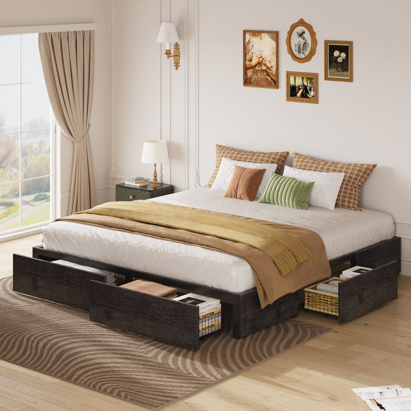 Lit plateforme très grand avec pied de lit et 4 tiroirs sous le lit, gris, Très grand, Gris