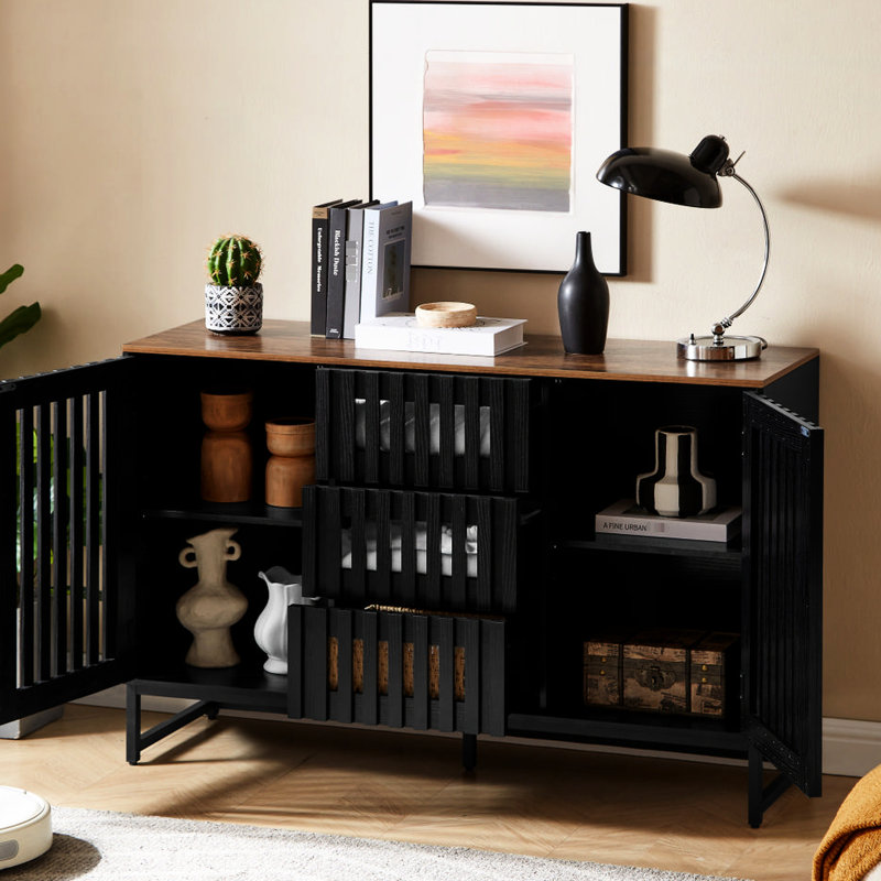 Commode noire à 3 tiroirs et 4 tablettes, grille et rayures, fabriquée en métal et pour différentes pièces