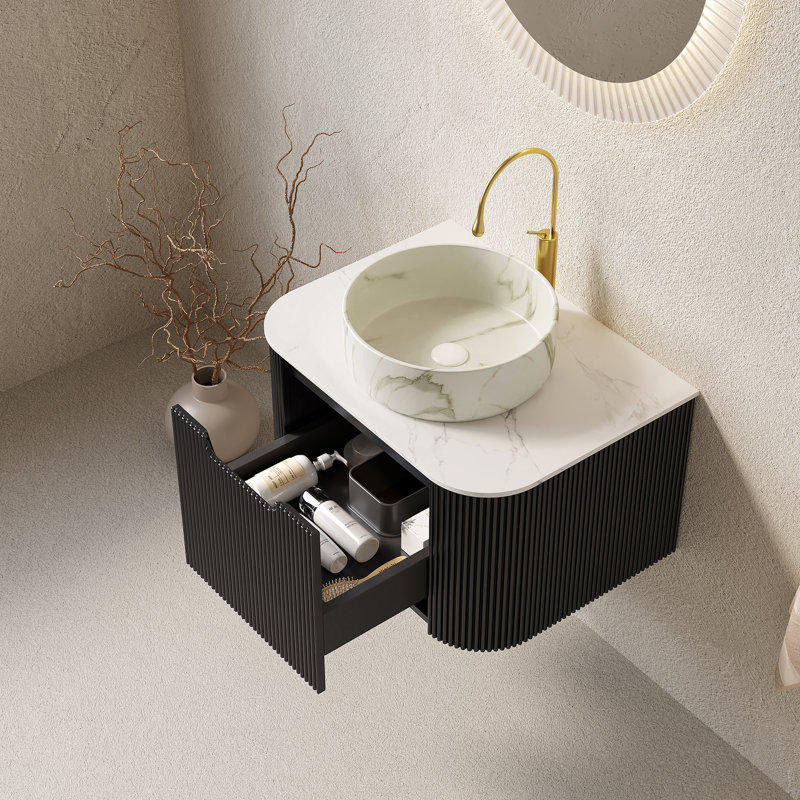 Ensemble de meuble-lavabo mural en céramique 2 pièces 24 po, noir, avec lavabo en céramique, armoire latérale 24 po, Noir