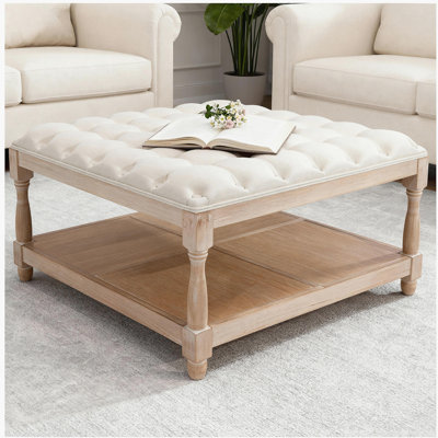 Ottoman Coffee Table 33" Square Tufted Storage, Linen Upholstered with Solid Rubberwood Legs, Farmhouse Vintage Accent Chest for Living Room, Office & Bedroom