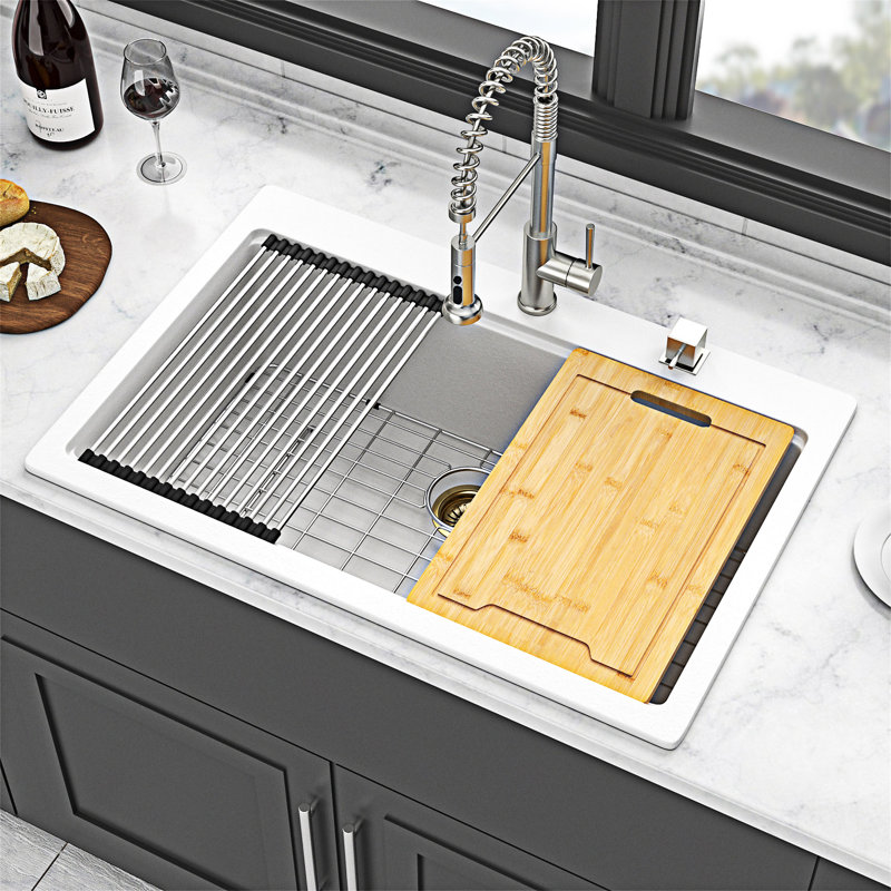 Drop-In Granite Composite Workstation Kitchen Sink, White