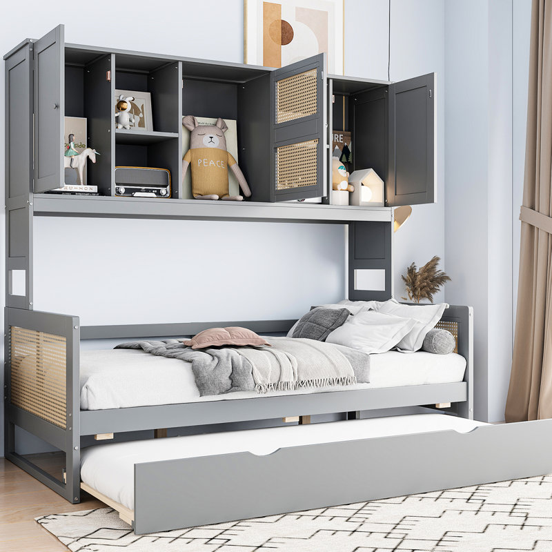 Lit de jour simple en bois avec lit gigogne, armoire et tablette de couleur grise, Gris, Lit simple