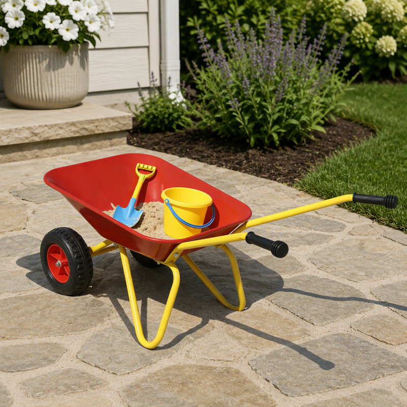Chariot métallique pour enfants, capacité de charge de 15 kg, idéal pour le jardin et les activités de plein air, conception robuste et stable à deux roues.