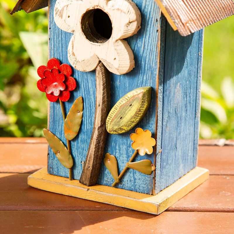 Maison d'oiseaux en bois massif patiné, 10,25 po de hauteur, bleu